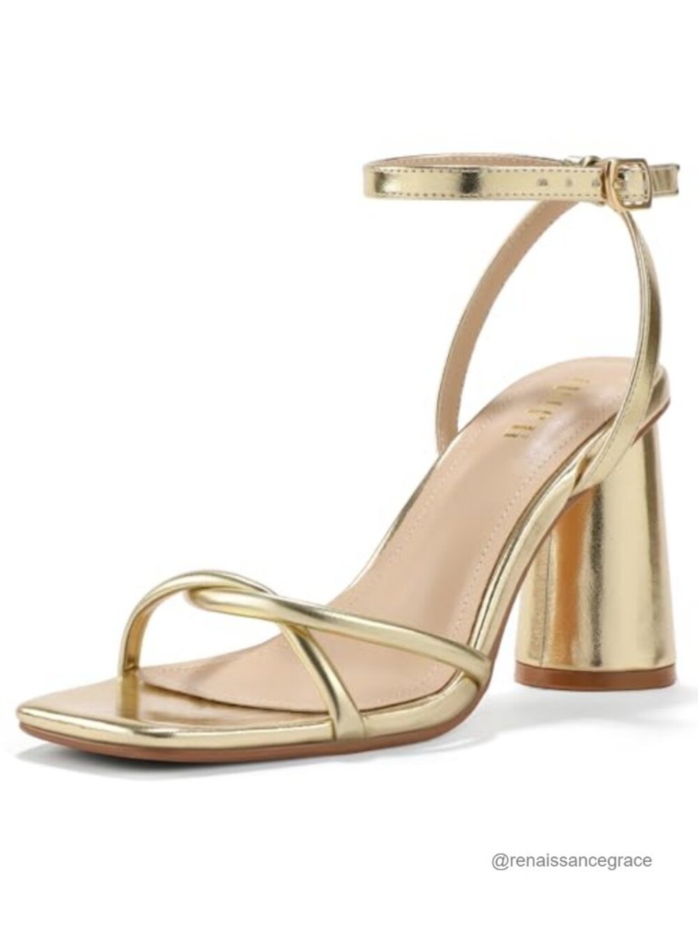 Chunky Strappy Heels for Women, Open Square Toe Block Heel, Faux Leather